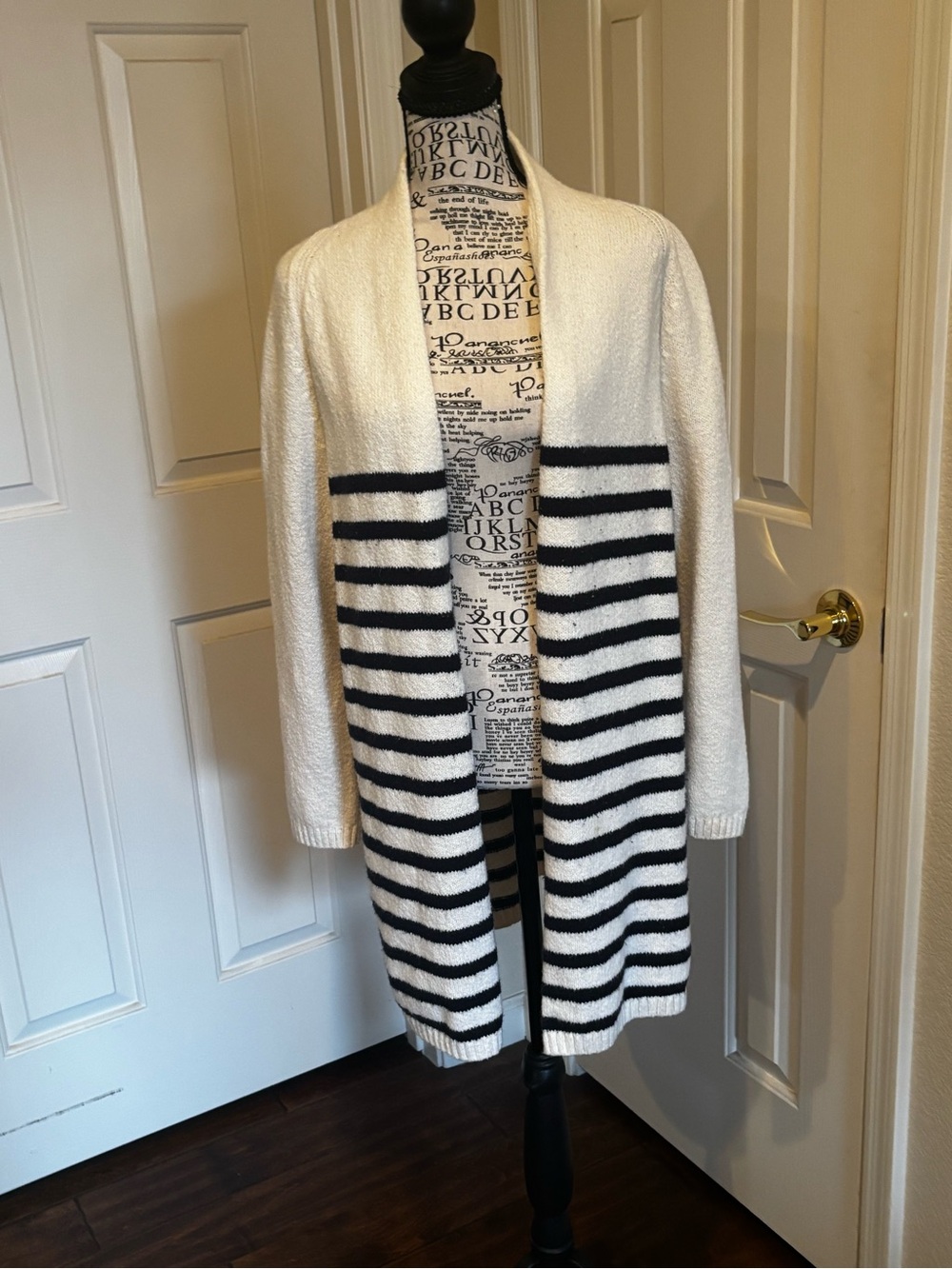 J. Jill Cream Open-Front Cardigan with Blue Stripes circumferentially